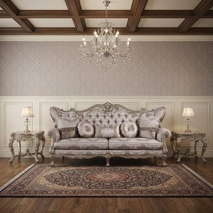 94" Dark Gray Imitation Silk Damask Sofa And Toss Pillows With Champagne Legs HomeRoots