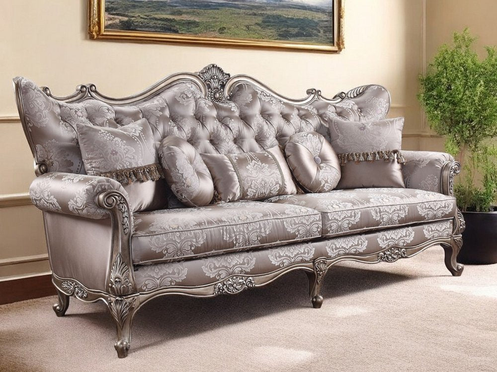94" Dark Gray Imitation Silk Damask Sofa And Toss Pillows With Champagne Legs HomeRoots
