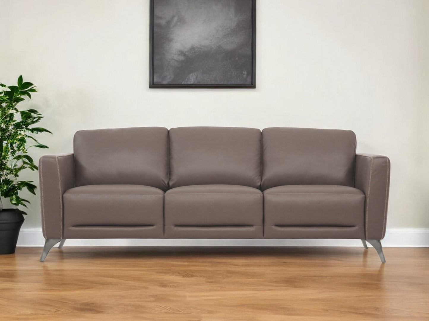 83" Taupe Leather Sofa With Black Legs