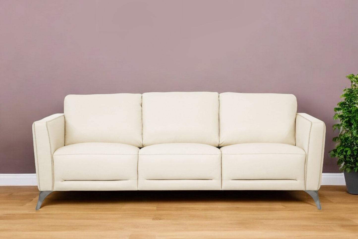 83" Cream Leather Sofa With Black Legs