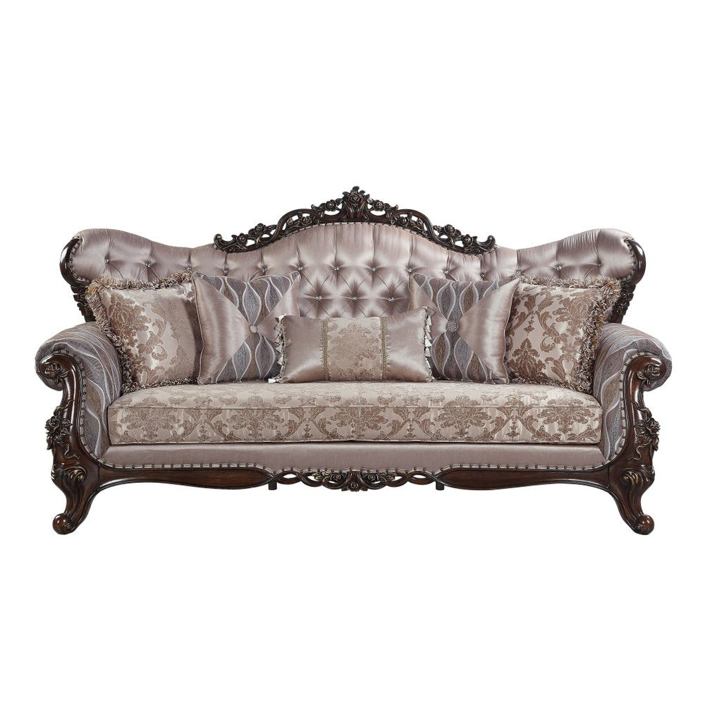 92" Champagne Imitation Silk Damask Sofa And Toss Pillows HomeRoots