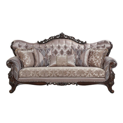 92" Champagne Imitation Silk Damask Sofa And Toss Pillows HomeRoots