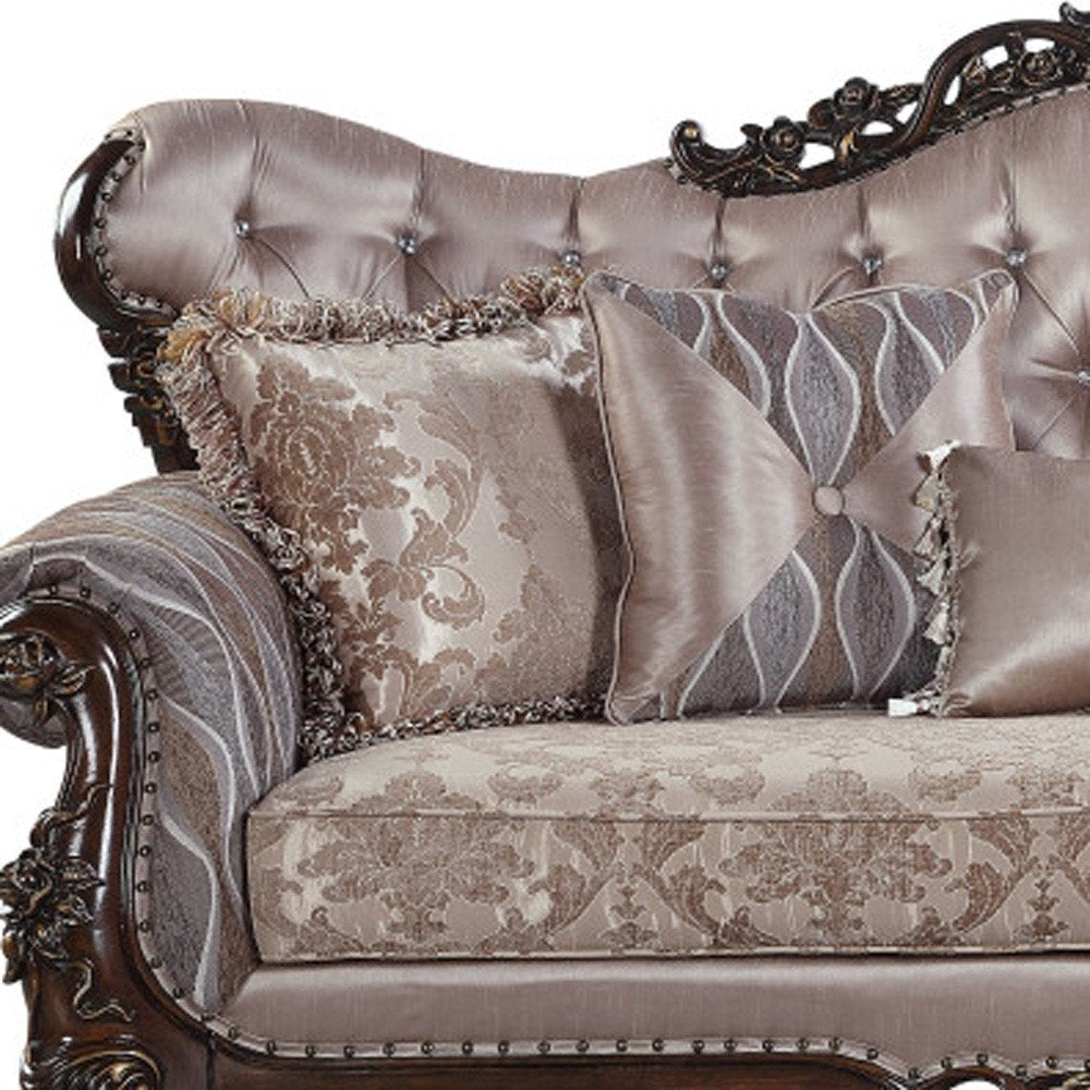 92" Champagne Imitation Silk Damask Sofa And Toss Pillows HomeRoots