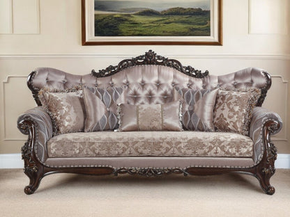 92" Champagne Imitation Silk Damask Sofa And Toss Pillows HomeRoots