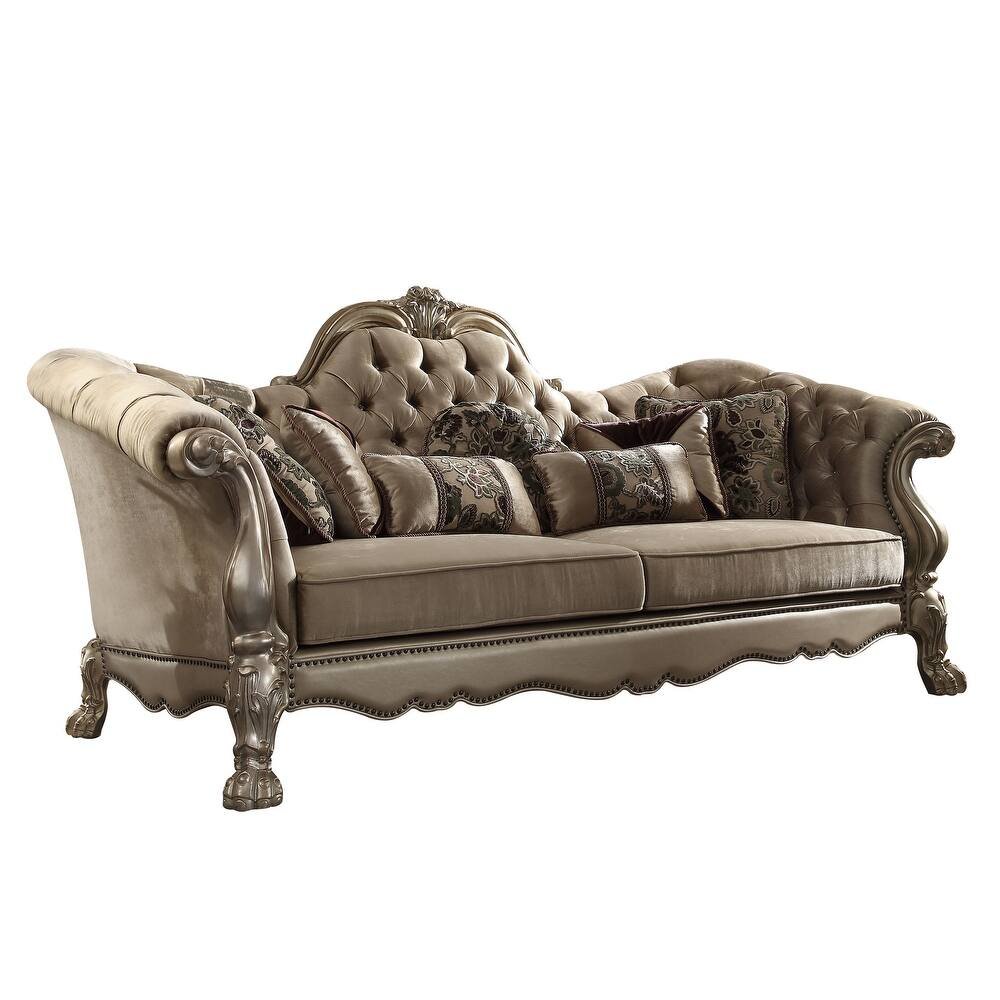 96" Bone Velvet Sofa And Toss Pillows With Gold Legs HomeRoots
