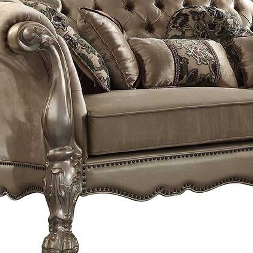 96" Bone Velvet Sofa And Toss Pillows With Gold Legs HomeRoots