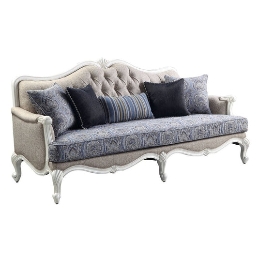 88" Cream Linen Damask Sofa And Toss Pillows With White Legs HomeRoots