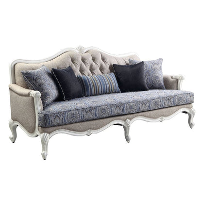 88" Cream Linen Damask Sofa And Toss Pillows With White Legs HomeRoots