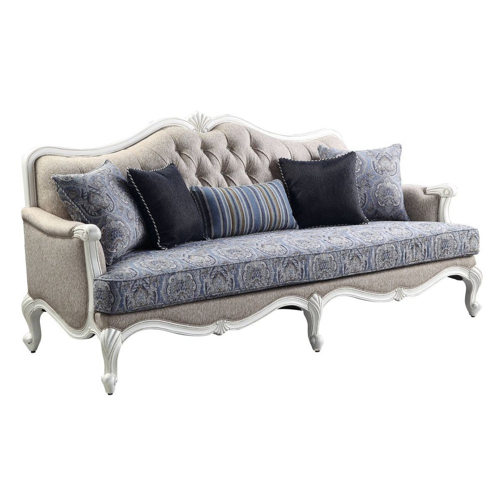 88" Cream Linen Damask Sofa And Toss Pillows With White Legs — view 1
