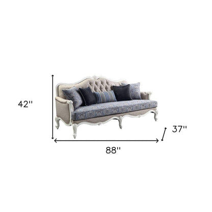 88" Cream Linen Damask Sofa And Toss Pillows With White Legs HomeRoots