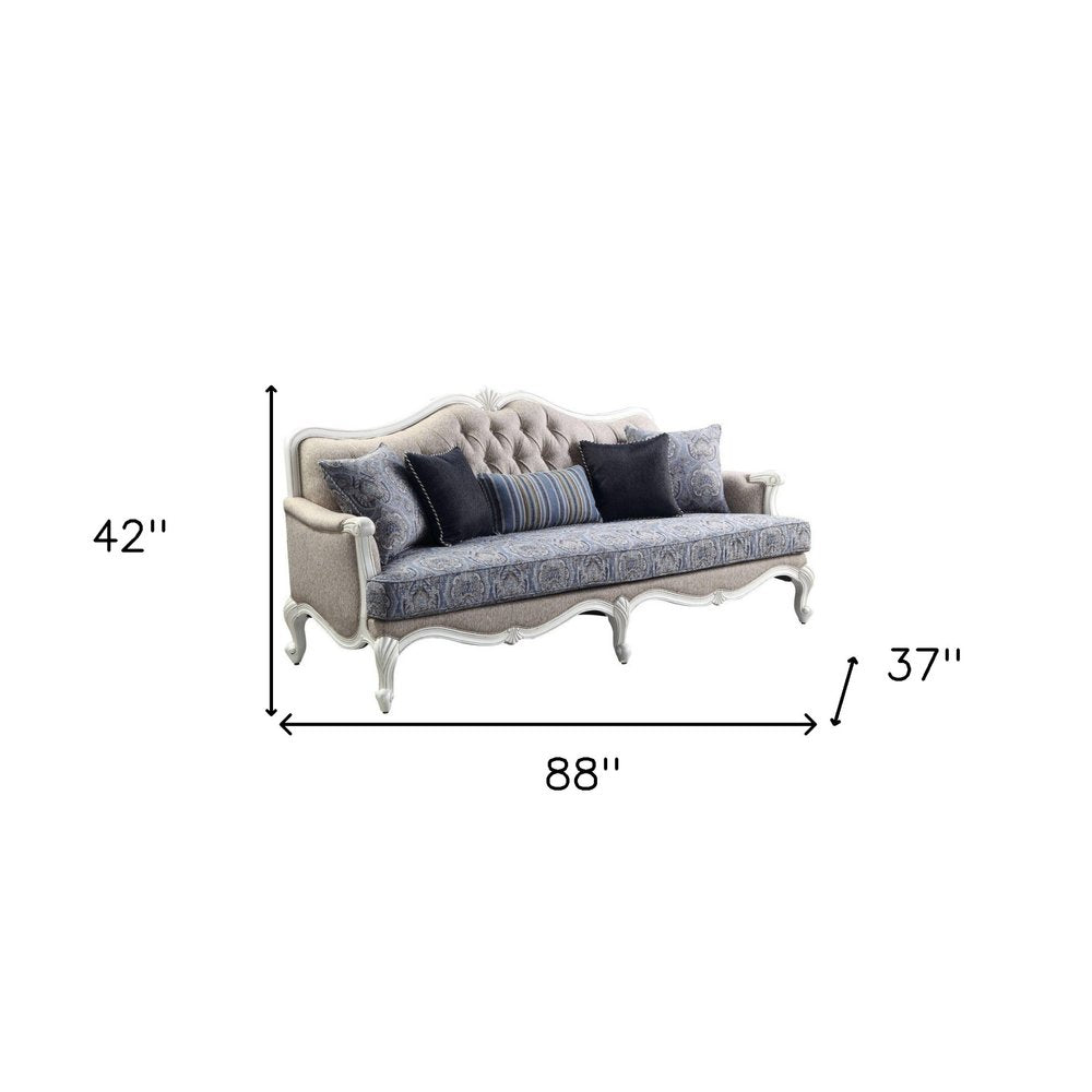 88" Cream Linen Damask Sofa And Toss Pillows With White Legs HomeRoots