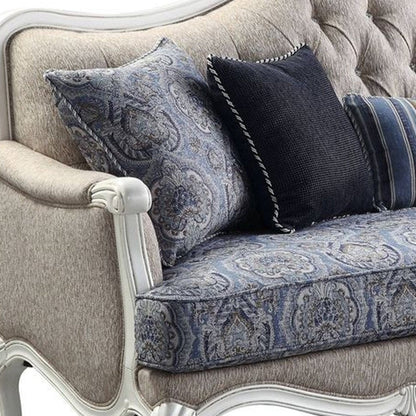 88" Cream Linen Damask Sofa And Toss Pillows With White Legs HomeRoots