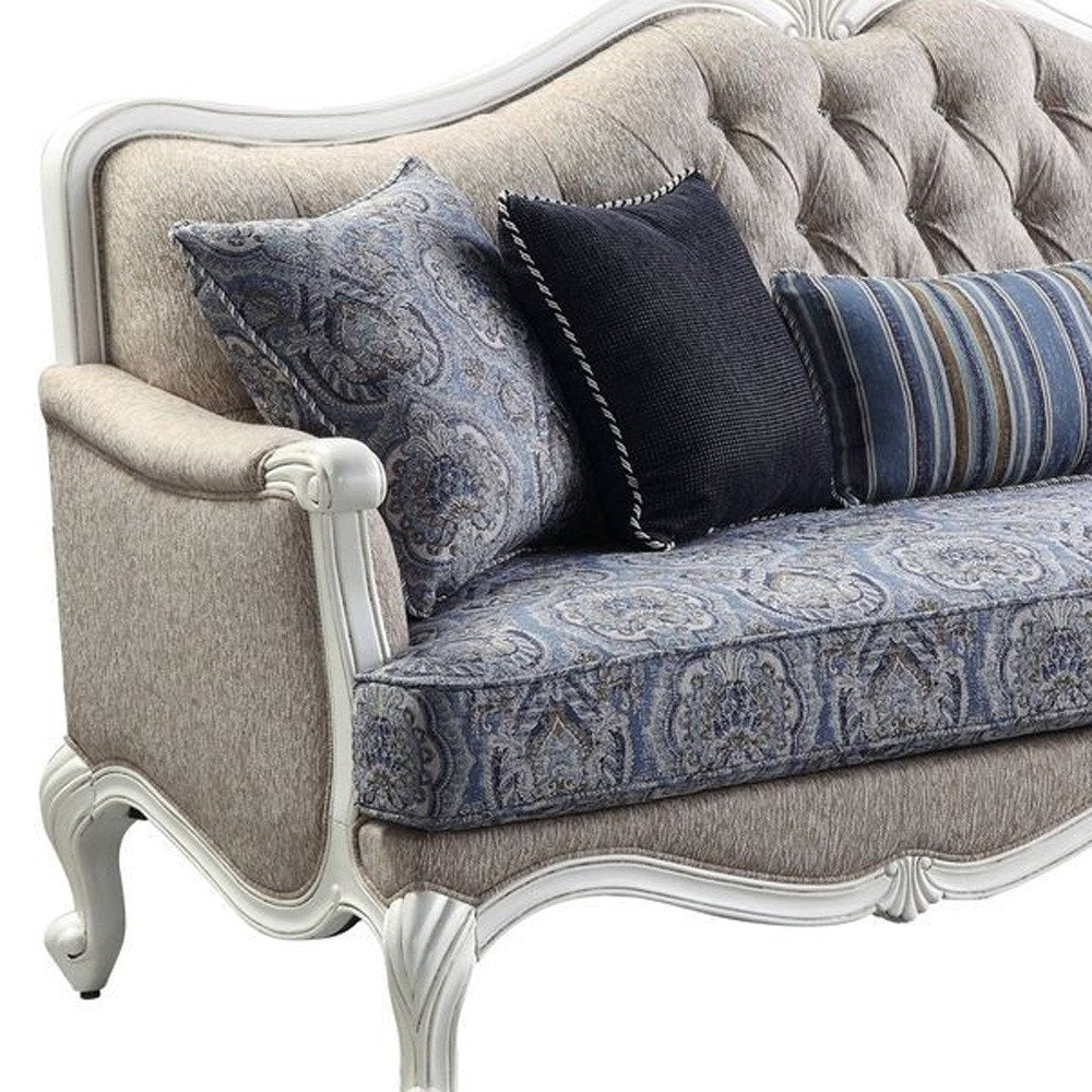 88" Cream Linen Damask Sofa And Toss Pillows With White Legs HomeRoots