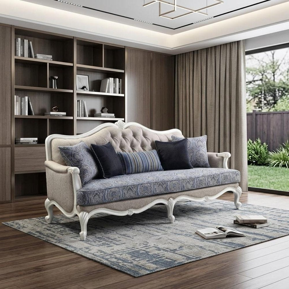 88" Cream Linen Damask Sofa And Toss Pillows With White Legs HomeRoots