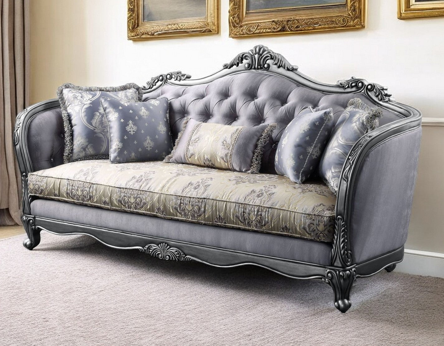 89" Platinum Imitation Silk Damask Sofa And Toss Pillows