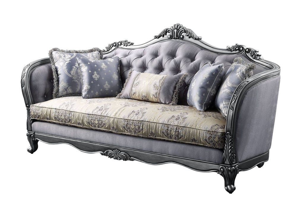 89" Platinum Imitation Silk Damask Sofa And Toss Pillows HomeRoots