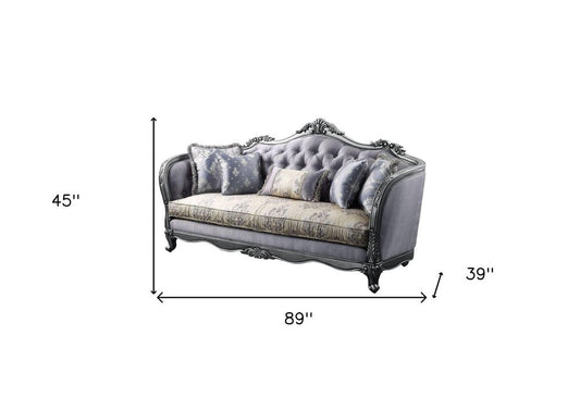 89" Platinum Imitation Silk Damask Sofa And Toss Pillows HomeRoots