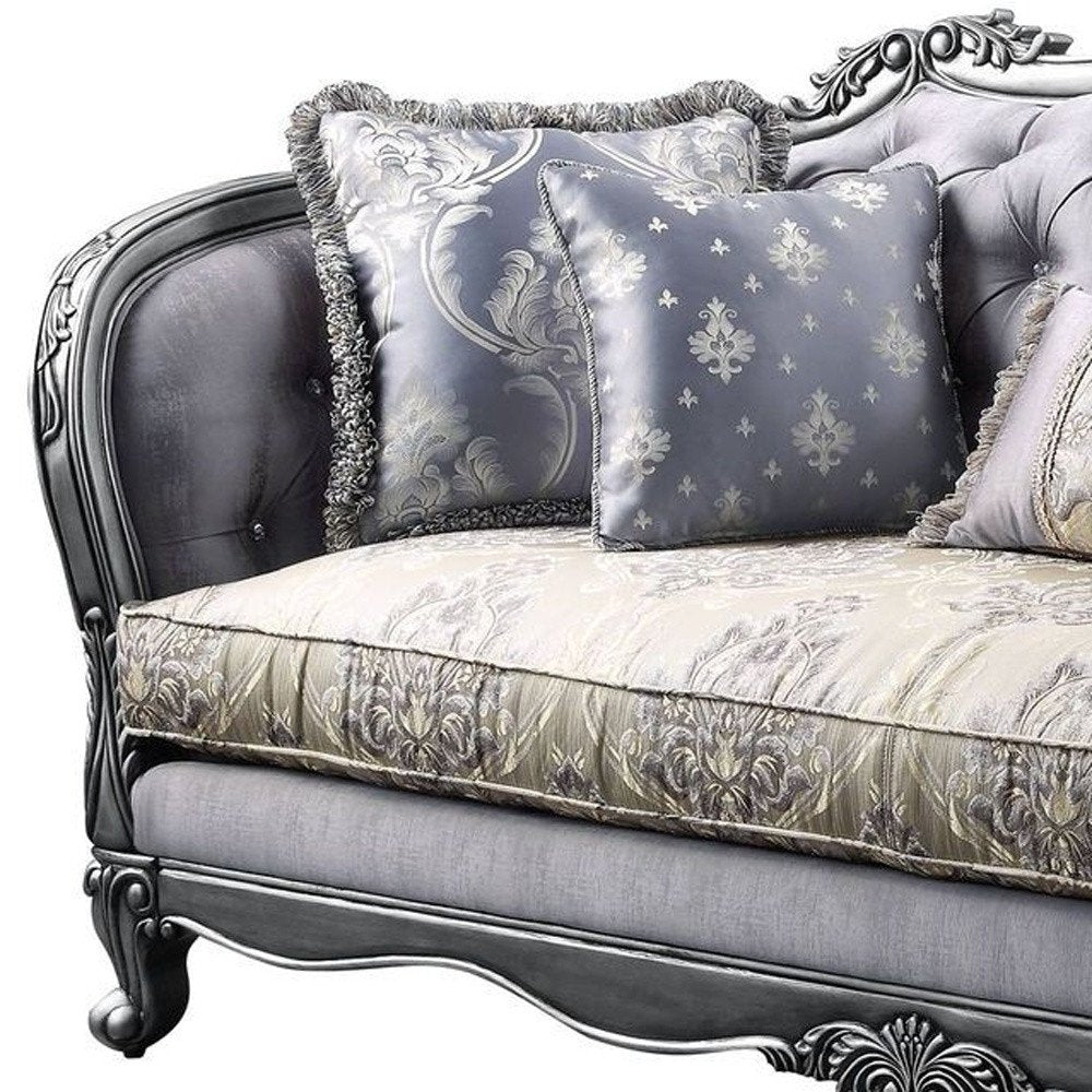 89" Platinum Imitation Silk Damask Sofa And Toss Pillows HomeRoots