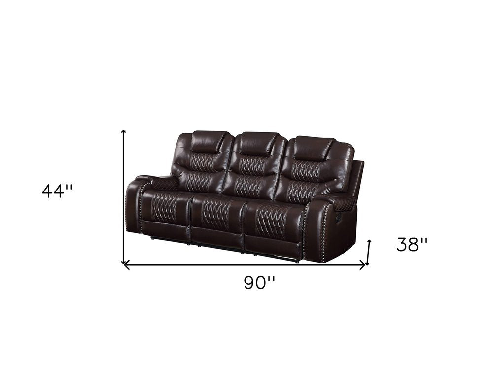 90" Brown Faux Leather Reclining Sofa With Black Legs HomeRoots