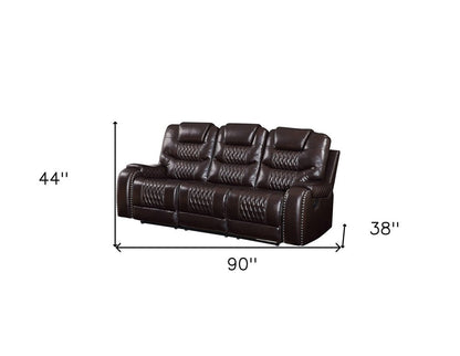 90" Brown Faux Leather Reclining Sofa With Black Legs HomeRoots