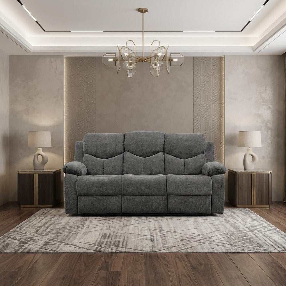 82" Gray Chenille Reclining Sofa With Black Legs HomeRoots