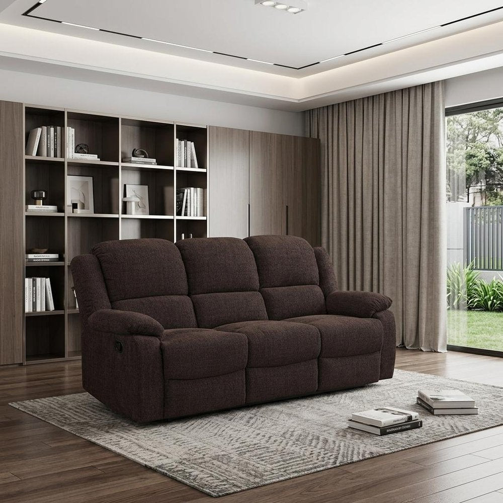 79" Brown Chenille Reclining Sofa With Black Legs HomeRoots
