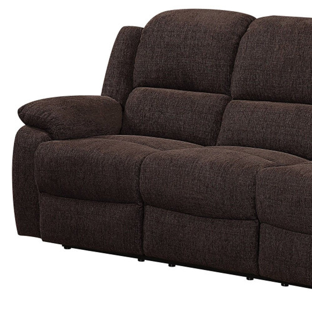 79" Brown Chenille Reclining Sofa With Black Legs HomeRoots