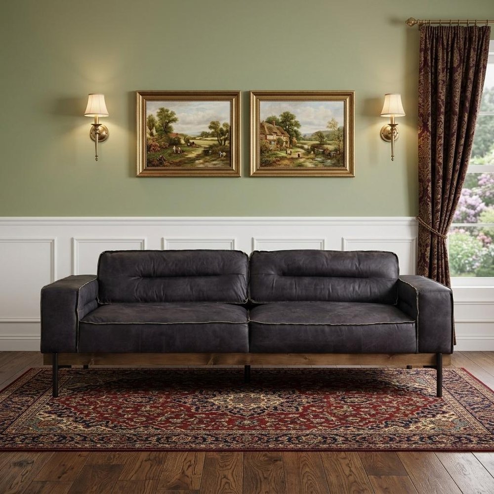 96" Ebony Top Grain Leather Sofa With Black Legs HomeRoots