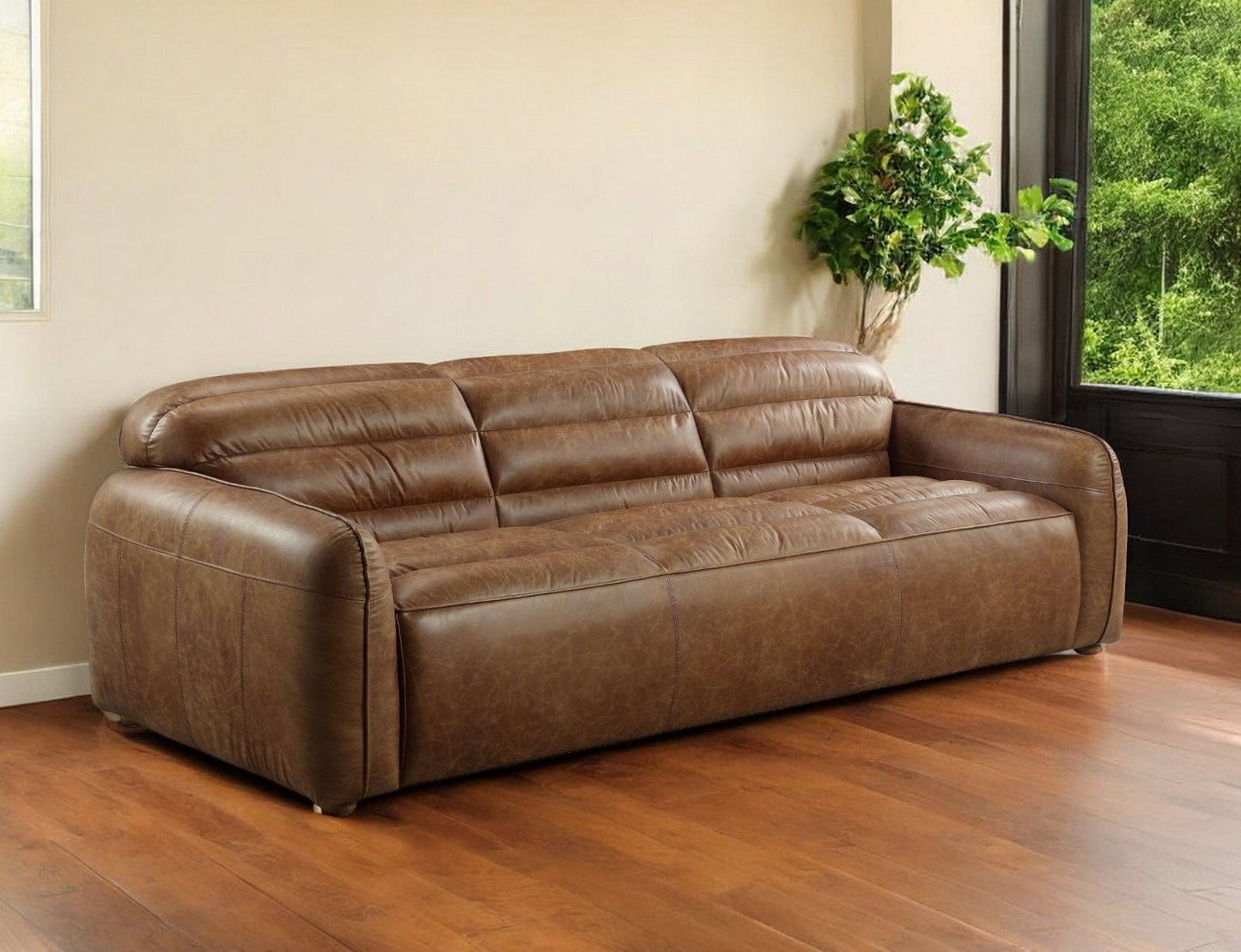 95" Dark Brown Top Grain Leather Sofa With Black Legs