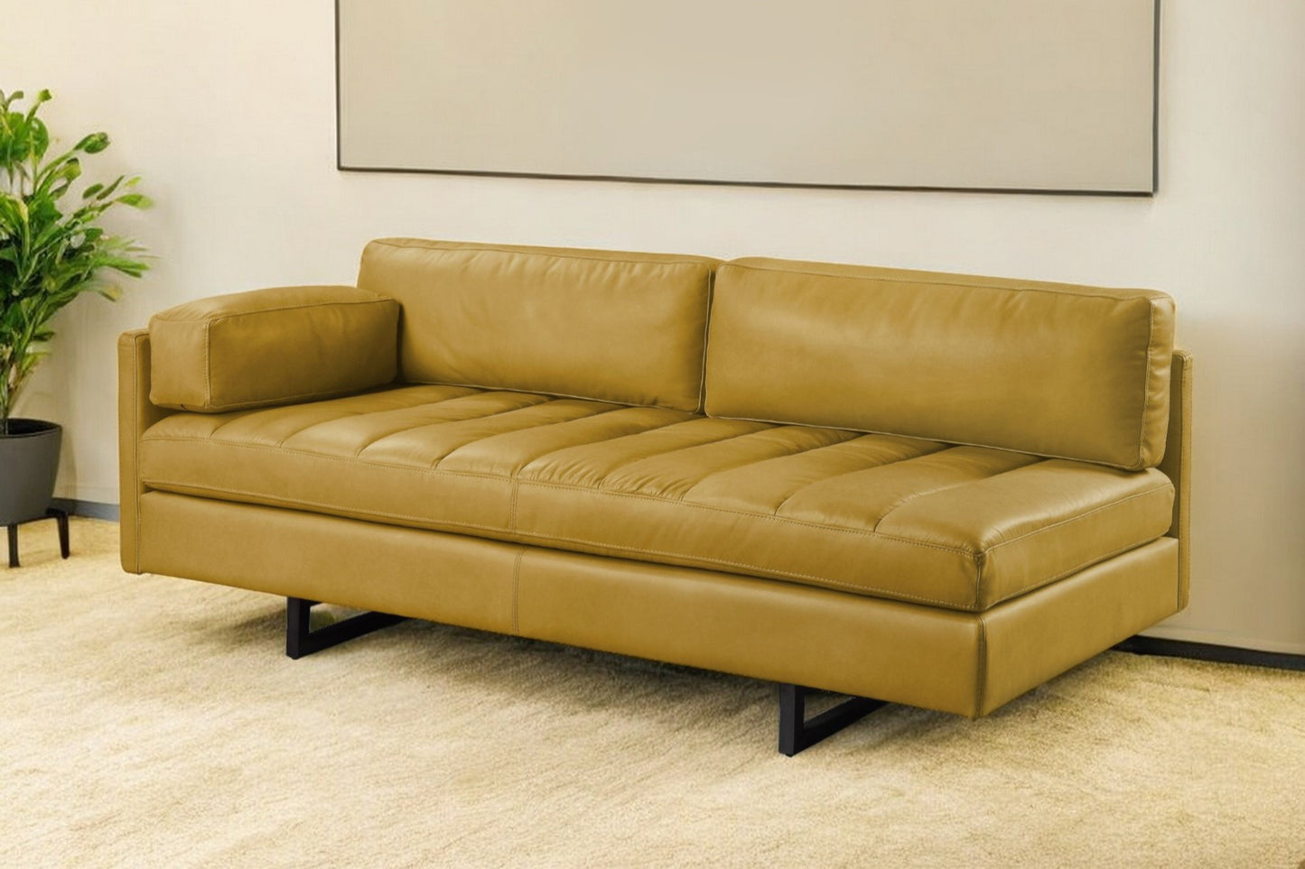 74" Mustard Top Grain Leather Sofa With Black Legs