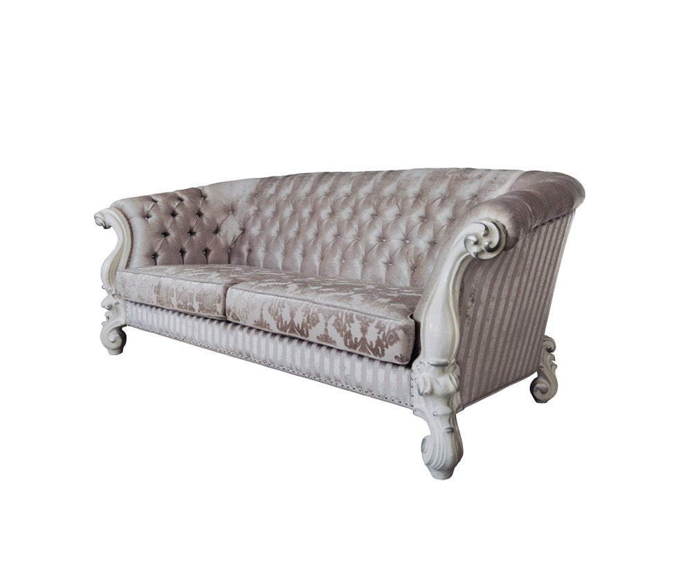 99" Ivory Velvet Damask Sofa And Toss Pillows With Bone Legs HomeRoots
