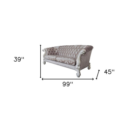 99" Ivory Velvet Damask Sofa And Toss Pillows With Bone Legs HomeRoots