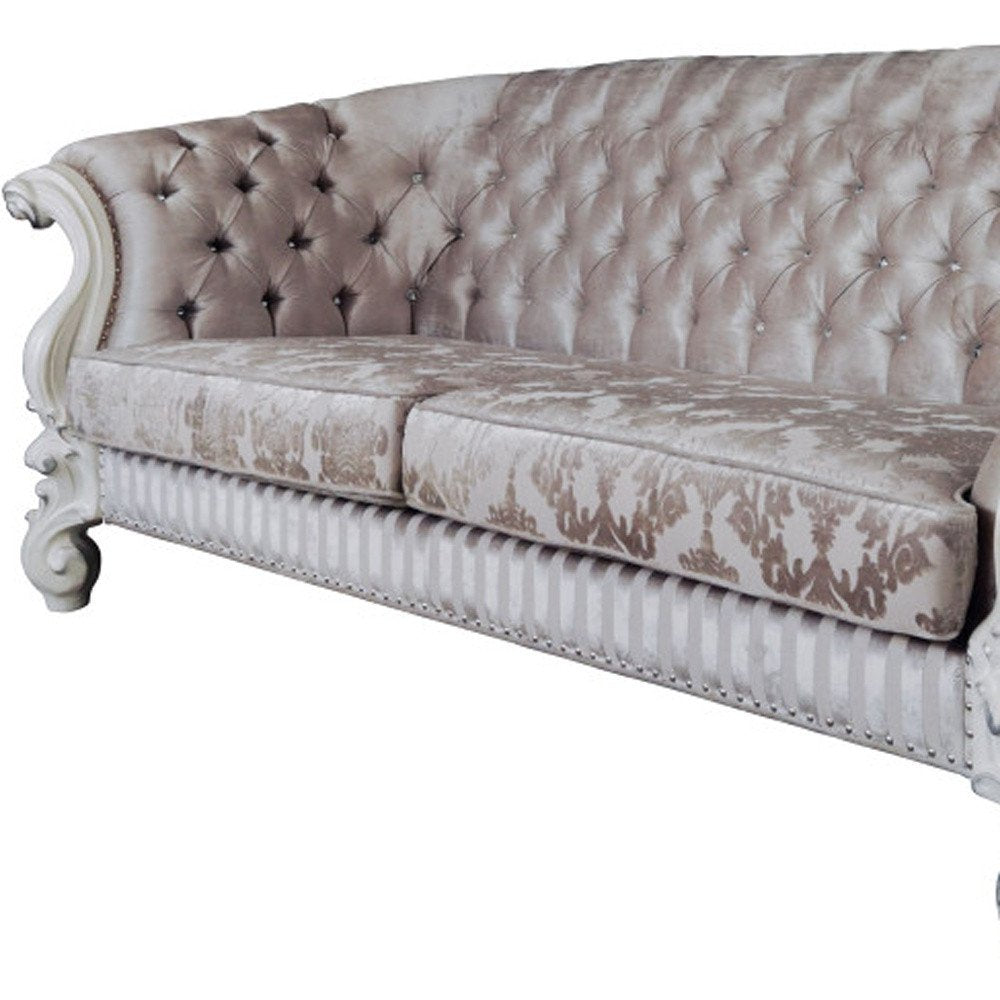 99" Ivory Velvet Damask Sofa And Toss Pillows With Bone Legs HomeRoots