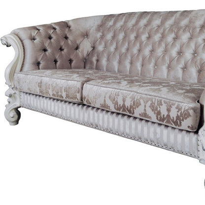 99" Ivory Velvet Damask Sofa And Toss Pillows With Bone Legs HomeRoots
