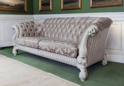 99" Ivory Velvet Damask Sofa And Toss Pillows With Bone Legs HomeRoots