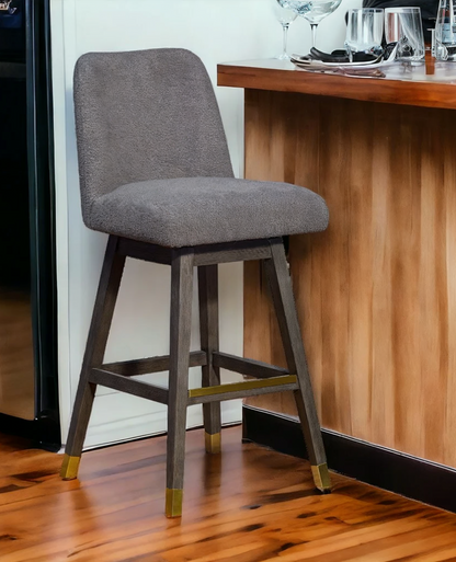 30" Gray Upholstered And Solid Wood Swivel Bar Height Bar Chair