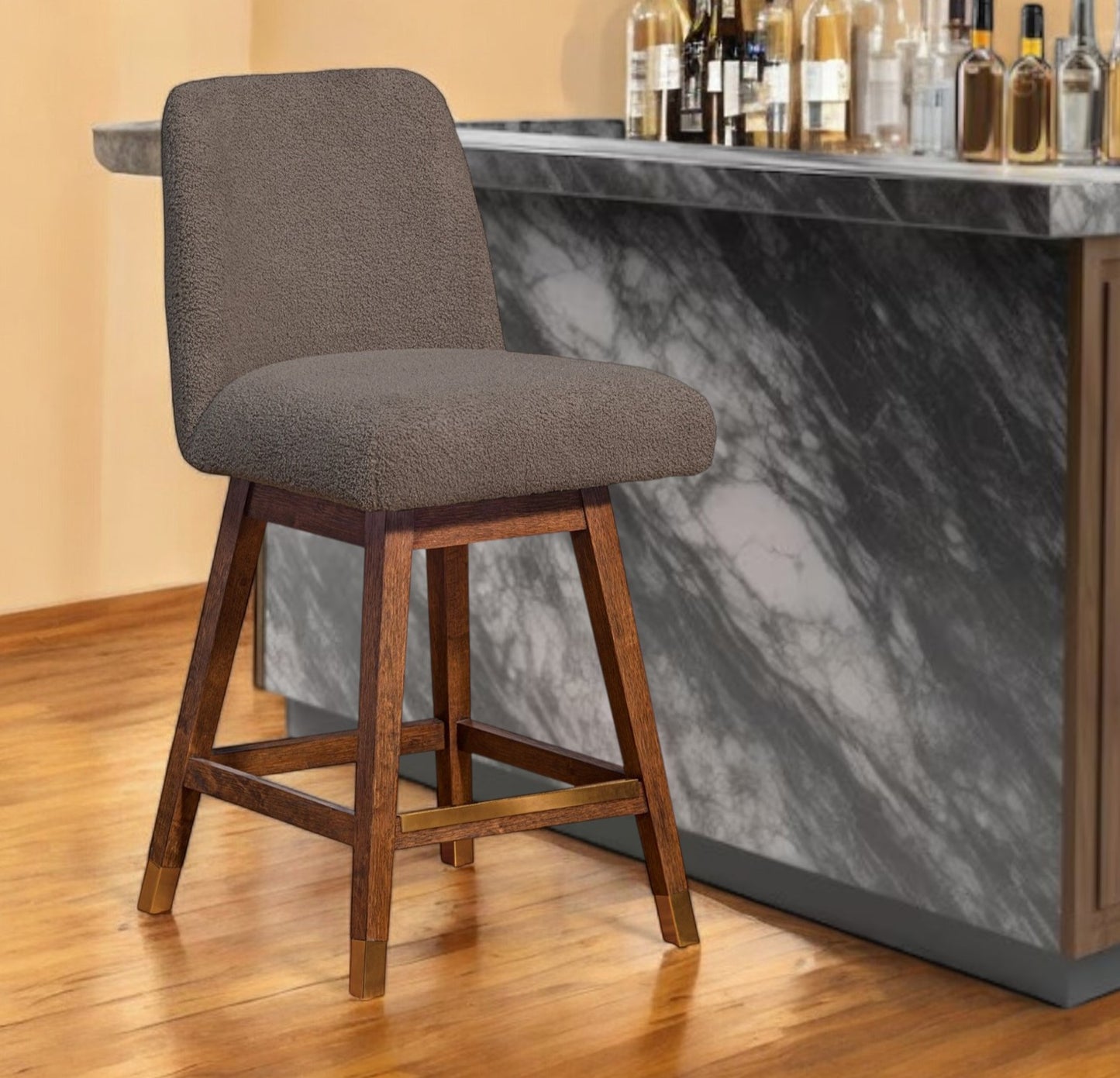 26" Taupe and Brown Solid Wood Counter Height Swivel Bar Chair