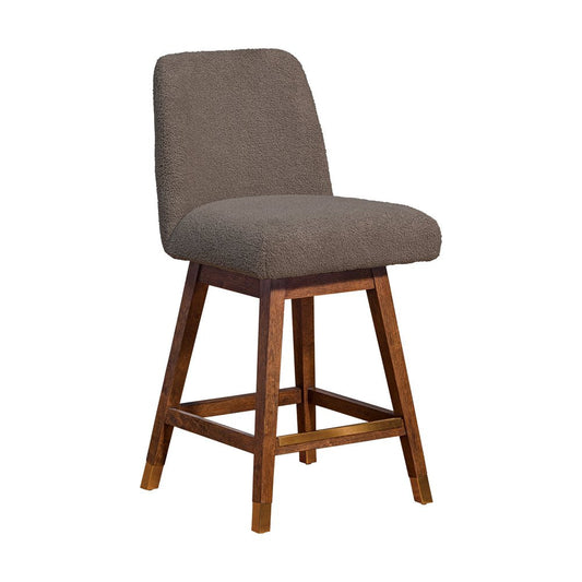 26" Taupe And Brown Fabric And Solid Wood Counter Height Swivel Bar Chair HomeRoots