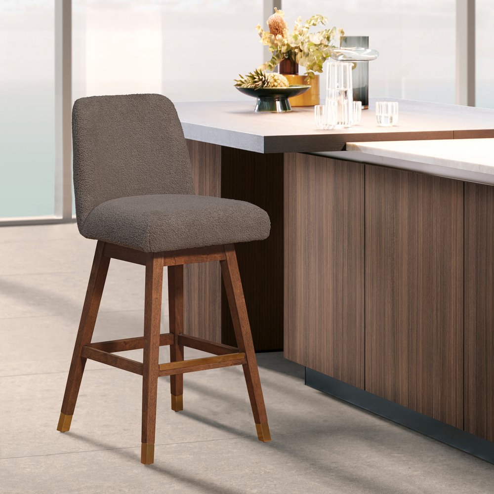 26" Taupe and Brown Solid Wood Counter Height Swivel Bar Chair HomeRoots