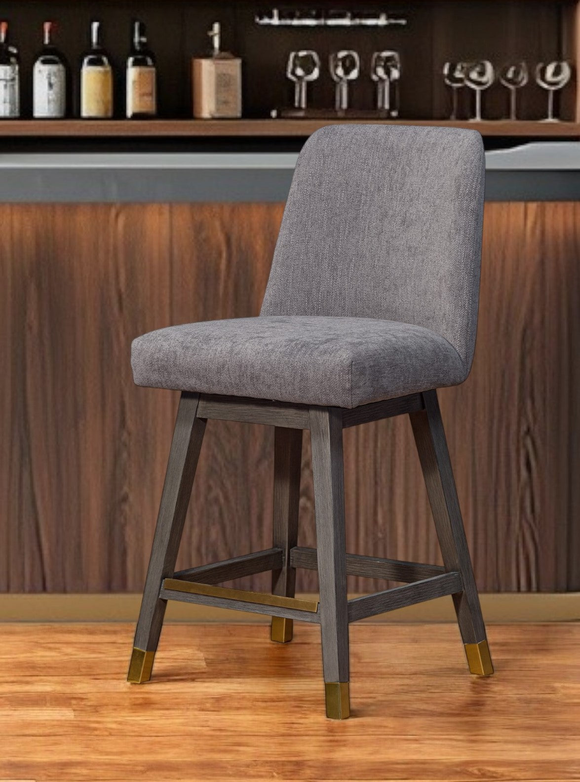 26" Taupe and Gray Solid Wood Counter Height Swivel Bar Chair