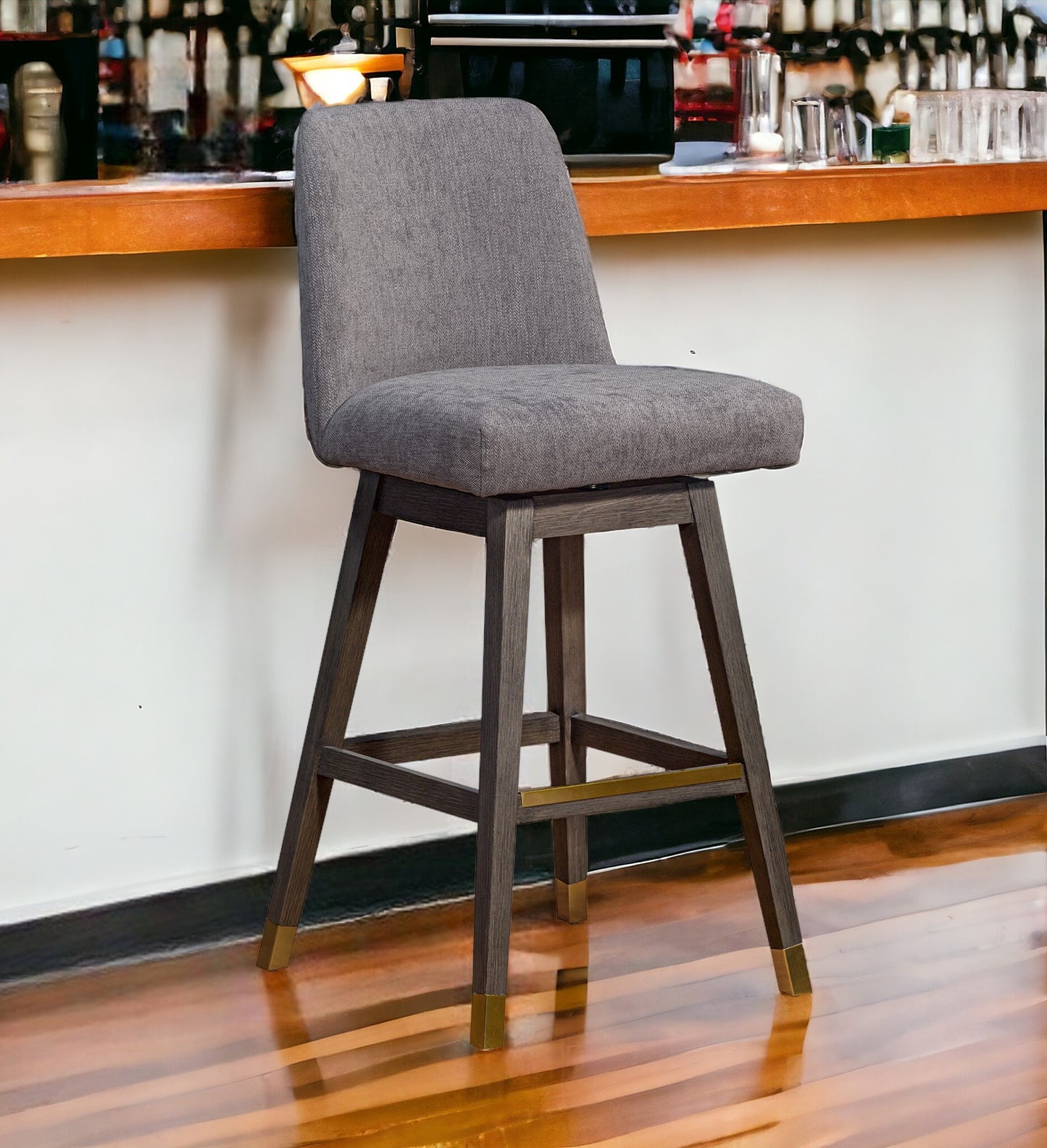 30" Brown And Gray Solid Wood Swivel Bar Height Bar Chair