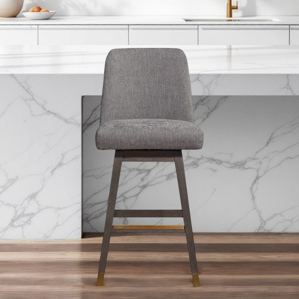 30" Gray and Brown Fabric and Solid Wood Swivel Bar Chair HomeRoots