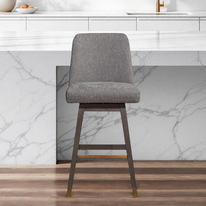 30" Gray and Brown Fabric and Solid Wood Swivel Bar Chair HomeRoots