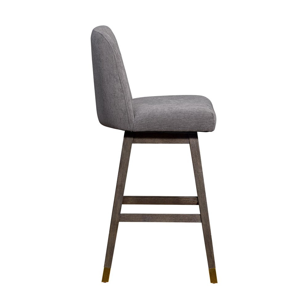 30" Gray And Brown Fabric And Solid Wood Bar Height Swivel Bar Chair HomeRoots