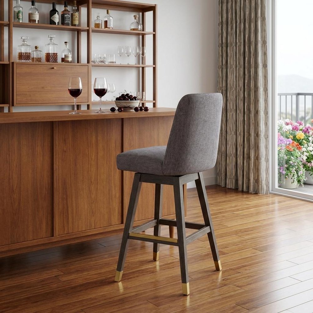 30" Gray And Brown Fabric And Solid Wood Bar Height Swivel Bar Chair HomeRoots