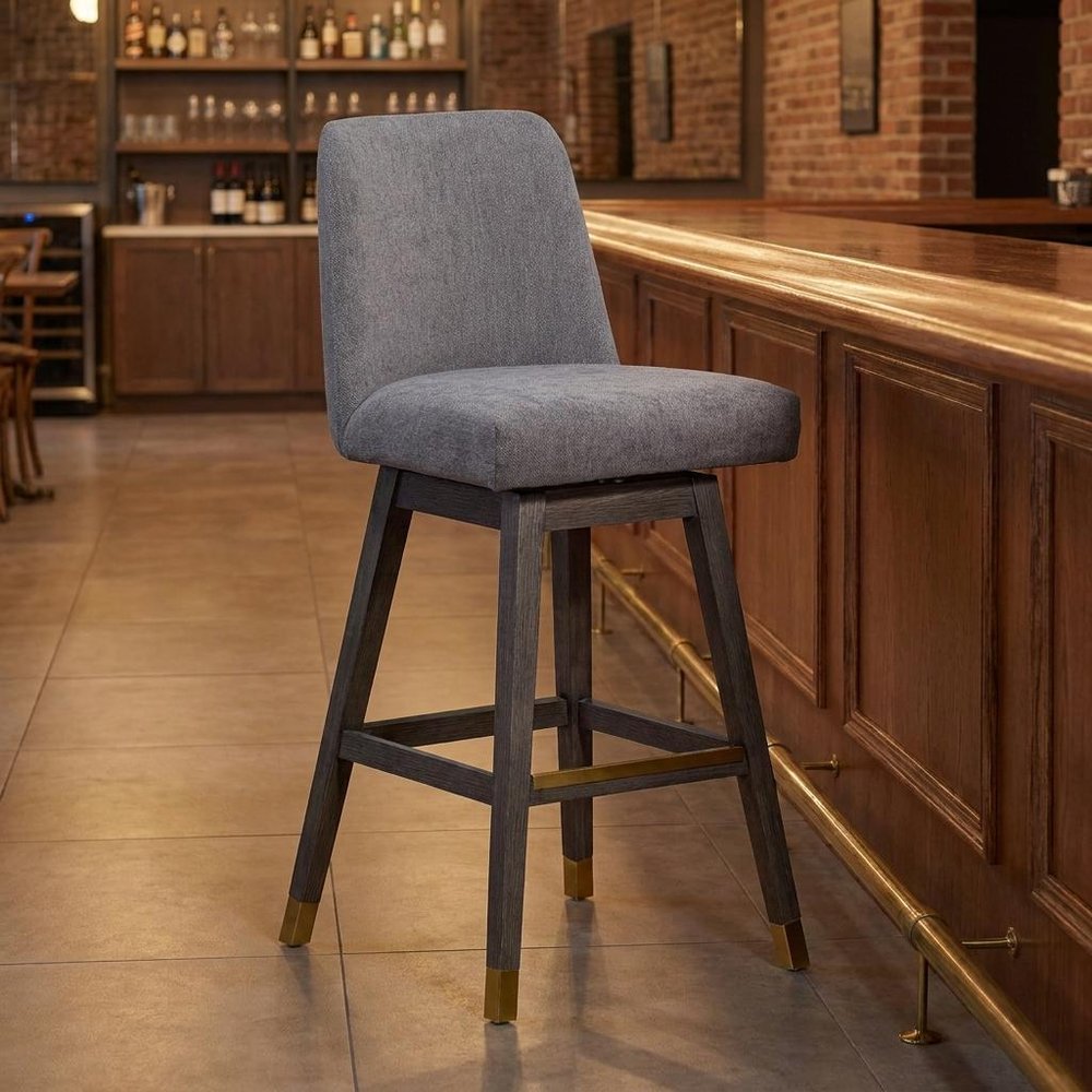 30" Gray And Brown Fabric And Solid Wood Bar Height Swivel Bar Chair — view 10