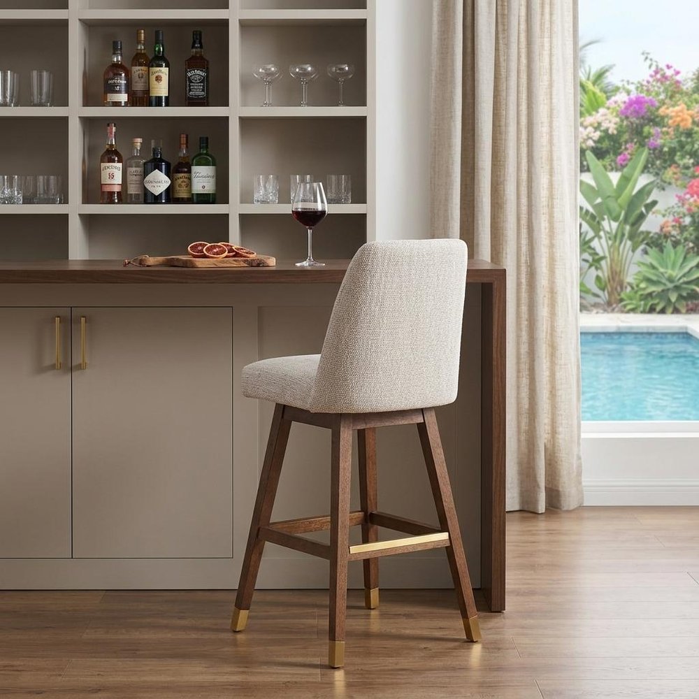 30" Beige And Brown Solid Wood Bar Height Swivel Bar Chair HomeRoots