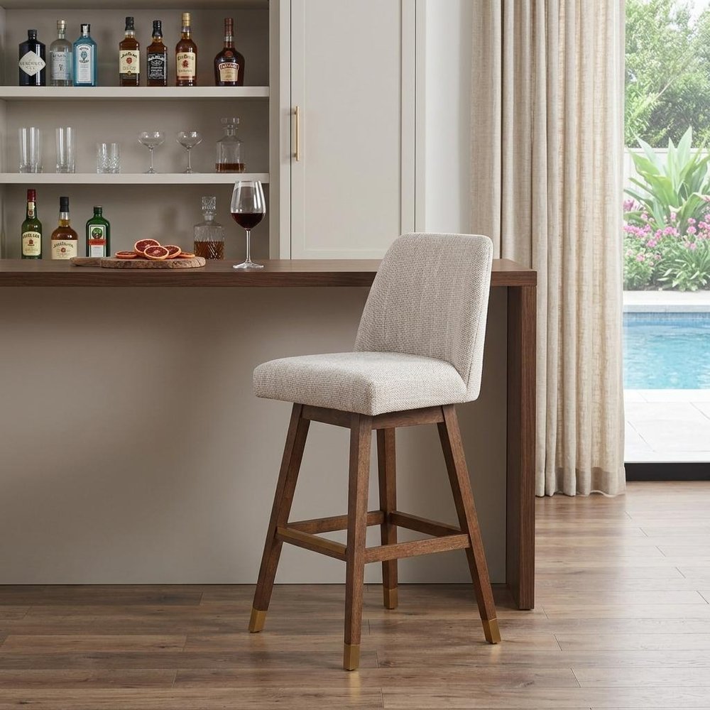 30" Beige And Brown Solid Wood Bar Height Swivel Bar Chair HomeRoots