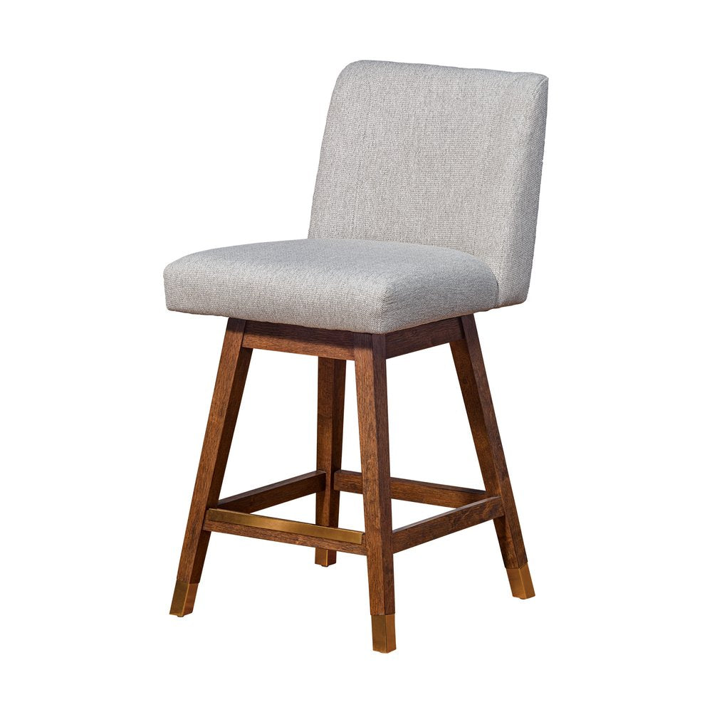 26" Taupe And Brown Fabric And Solid Wood Counter Height Swivel Bar Chair HomeRoots