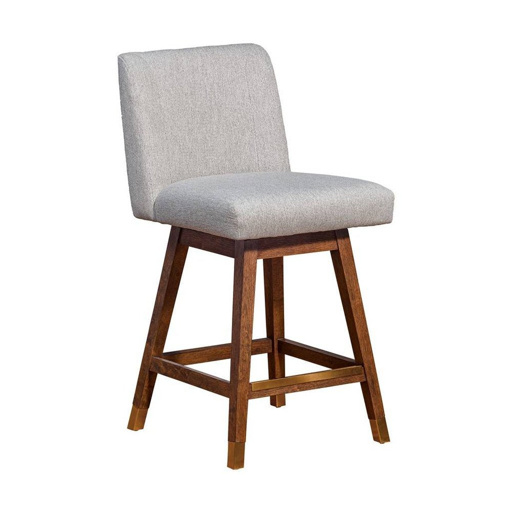 26" Taupe And Brown Fabric And Solid Wood Counter Height Swivel Bar Chair HomeRoots